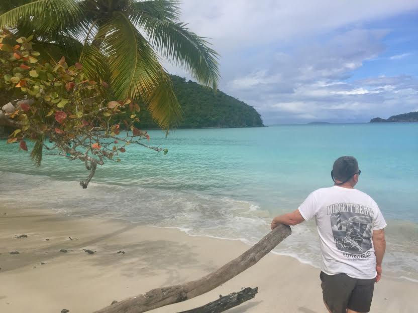 Dad hanging out during a hazy day at Maho Bay. 